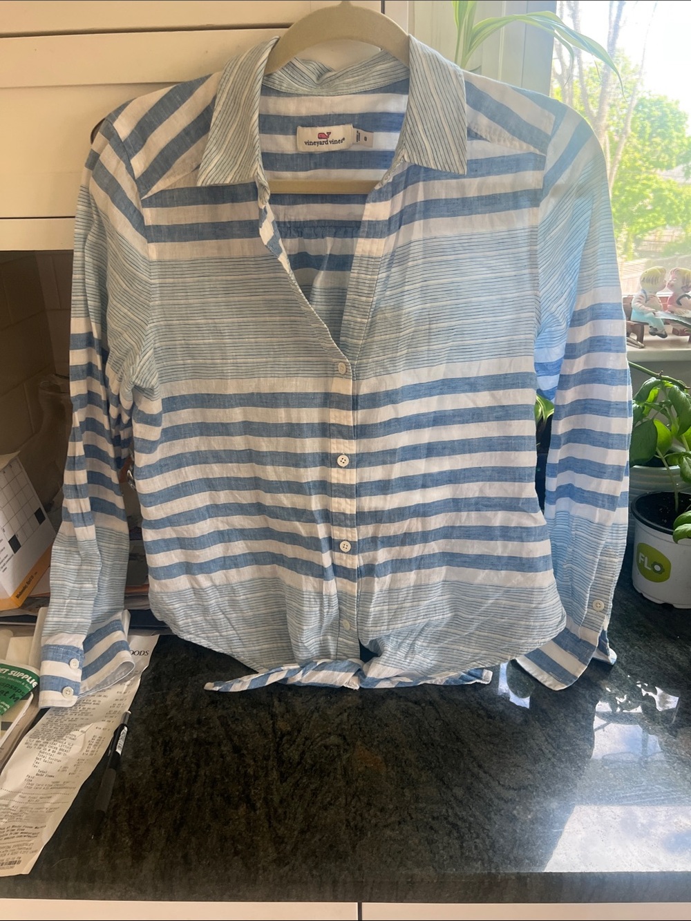 Blue and white striped tie blouse